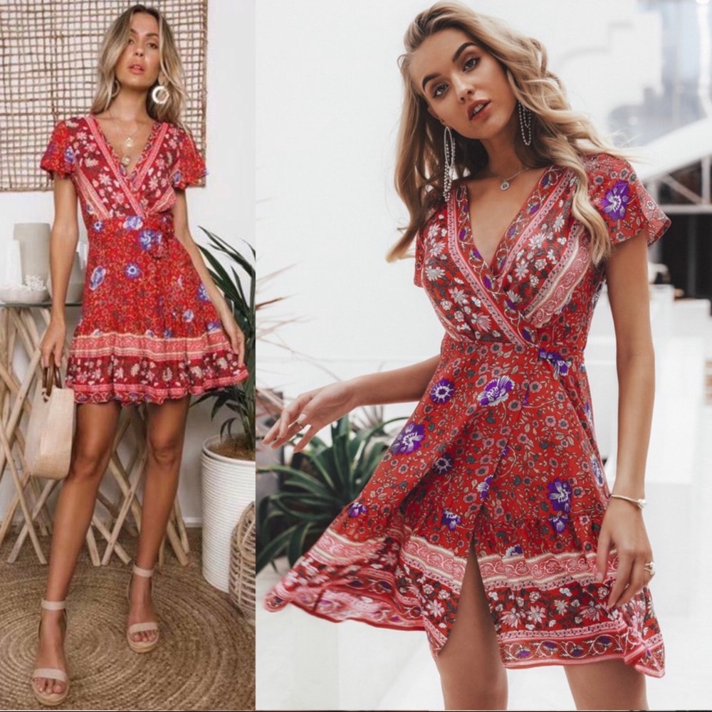 Red Mini Blue Floral Ruffle Wrap Dress - Picture 13 of 14